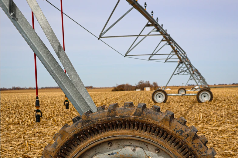 Galileo wheel on a center pivot spanning a harvested field