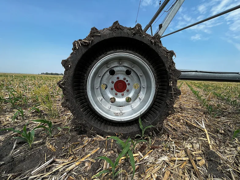 Galileo wheel mounted on a center pivot in a field